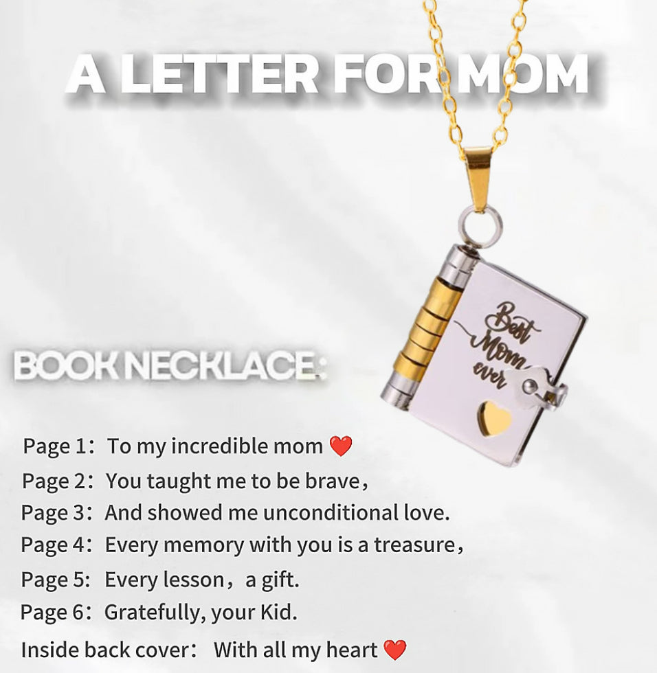Best Mom Ever book locket with the seven engraved pages listed